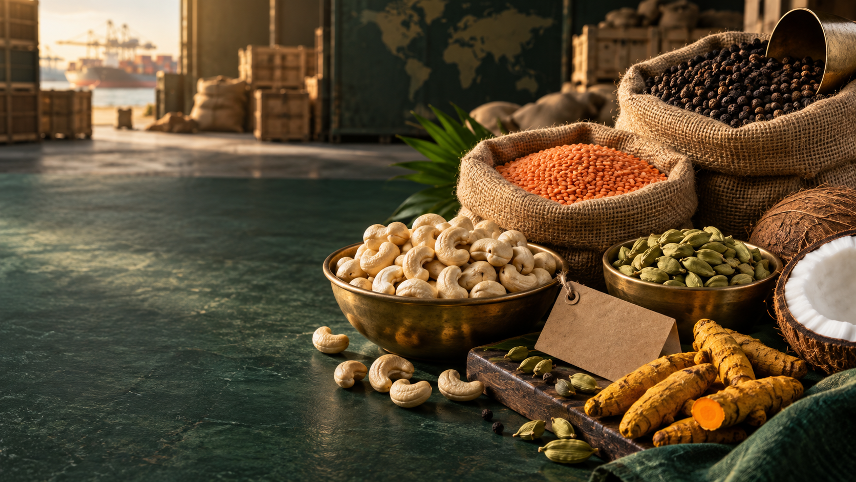 Cashews, lentils, spices and coconut prepared for global shipment